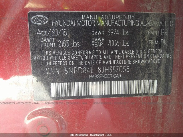 Photo 8 VIN: 5NPD84LF8JH357058 - HYUNDAI ELANTRA 