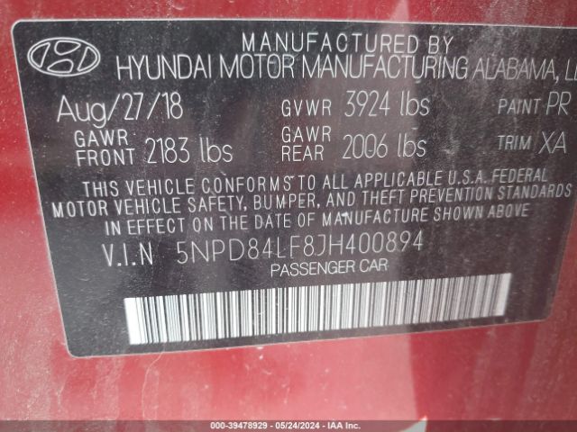 Photo 8 VIN: 5NPD84LF8JH400894 - HYUNDAI ELANTRA 