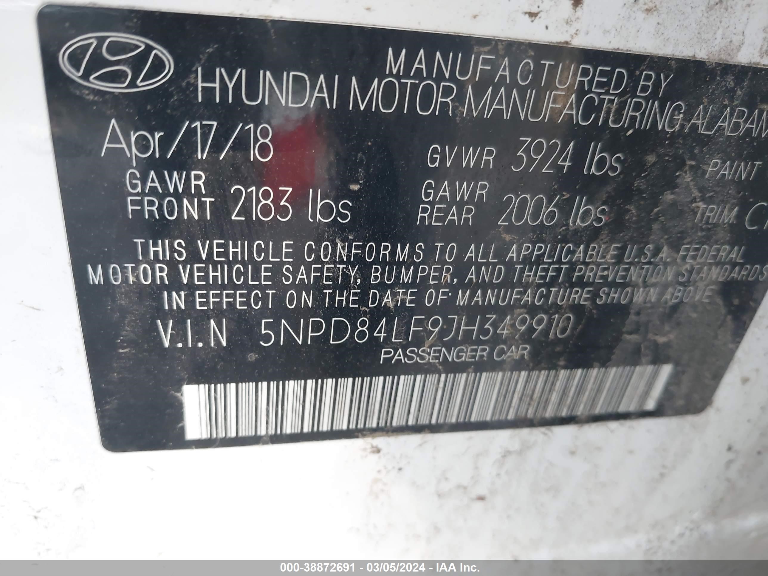 Photo 8 VIN: 5NPD84LF9JH349910 - HYUNDAI ELANTRA 