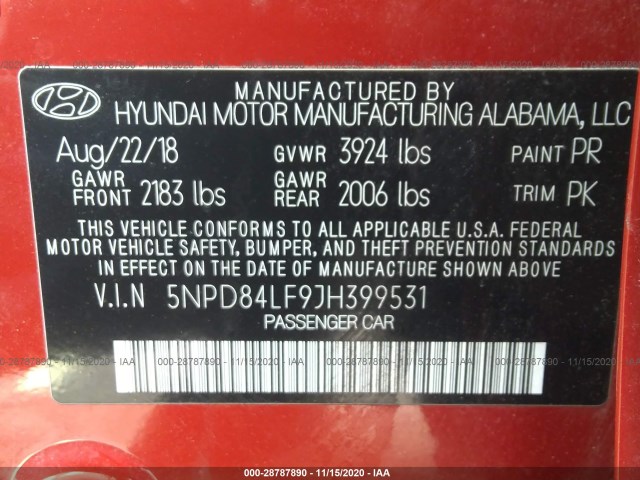 Photo 8 VIN: 5NPD84LF9JH399531 - HYUNDAI ELANTRA 