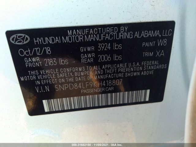 Photo 8 VIN: 5NPD84LF9KH418807 - HYUNDAI ELANTRA 