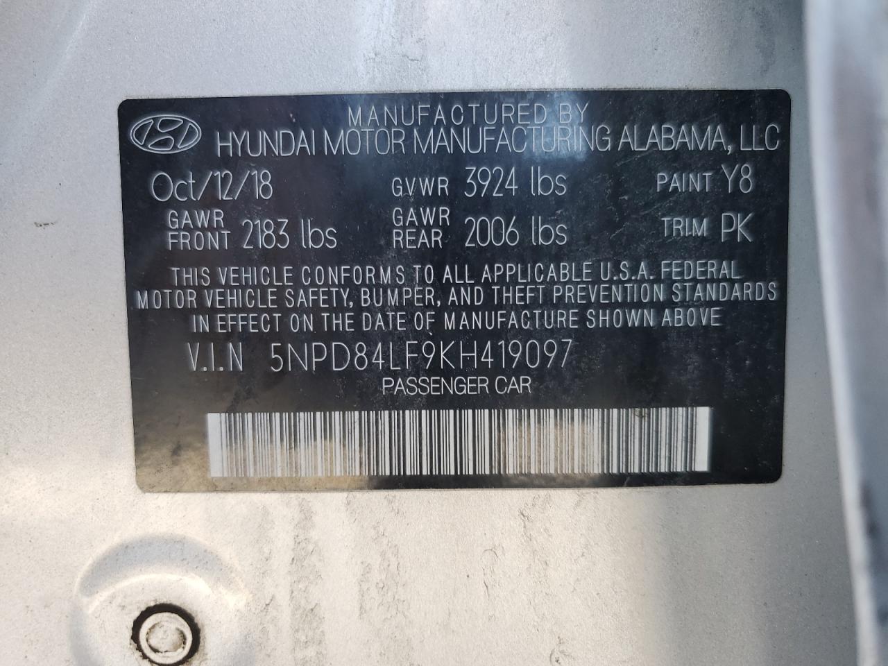 Photo 11 VIN: 5NPD84LF9KH419097 - HYUNDAI ELANTRA 