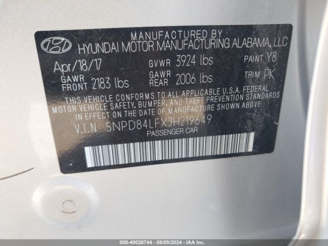 Photo 8 VIN: 5NPD84LFXJH219649 - HYUNDAI ELANTRA 