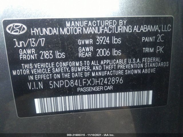 Photo 8 VIN: 5NPD84LFXJH242896 - HYUNDAI ELANTRA 