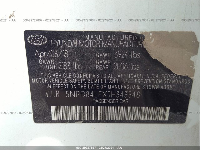 Photo 8 VIN: 5NPD84LFXJH343548 - HYUNDAI ELANTRA 