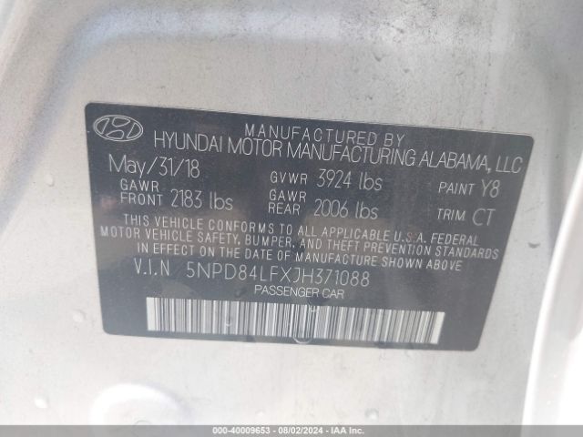 Photo 8 VIN: 5NPD84LFXJH371088 - HYUNDAI ELANTRA 