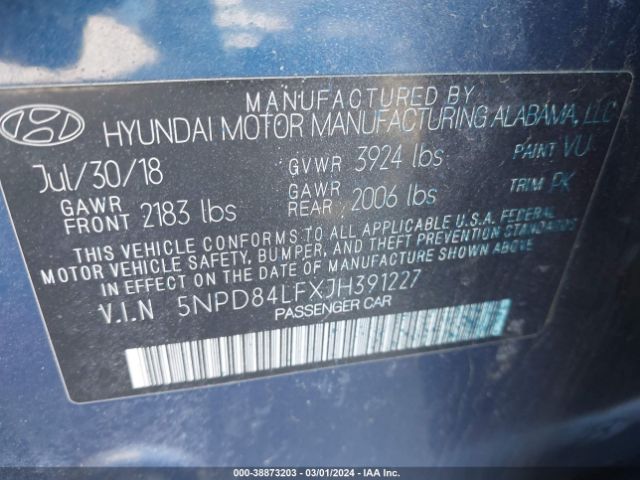 Photo 8 VIN: 5NPD84LFXJH391227 - HYUNDAI ELANTRA 