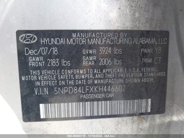 Photo 8 VIN: 5NPD84LFXKH446602 - HYUNDAI ELANTRA 