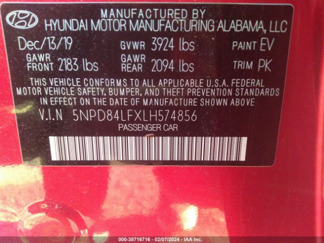 Photo 8 VIN: 5NPD84LFXLH574856 - HYUNDAI ELANTRA 