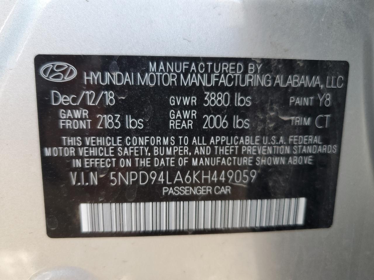 Photo 12 VIN: 5NPD94LA6KH449059 - HYUNDAI ELANTRA 