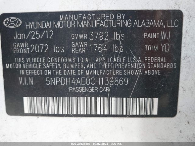 Photo 8 VIN: 5NPDH4AE0CH139869 - HYUNDAI ELANTRA 