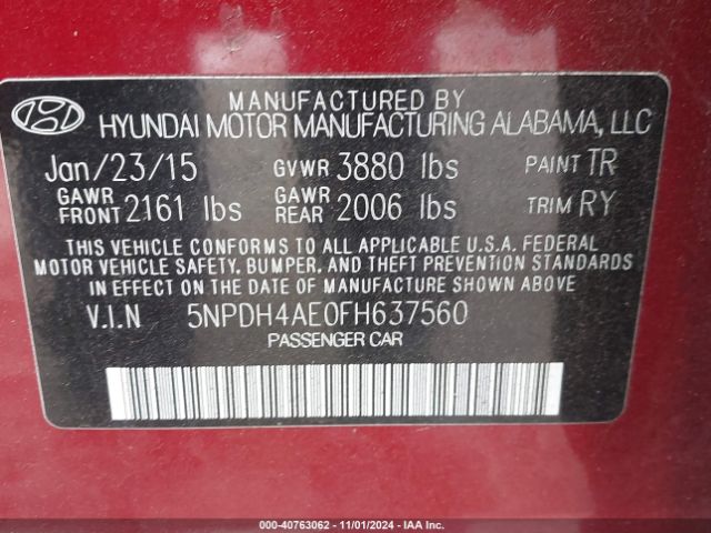 Photo 8 VIN: 5NPDH4AE0FH637560 - HYUNDAI ELANTRA 