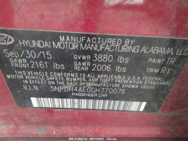 Photo 8 VIN: 5NPDH4AE0GH770076 - HYUNDAI ELANTRA 