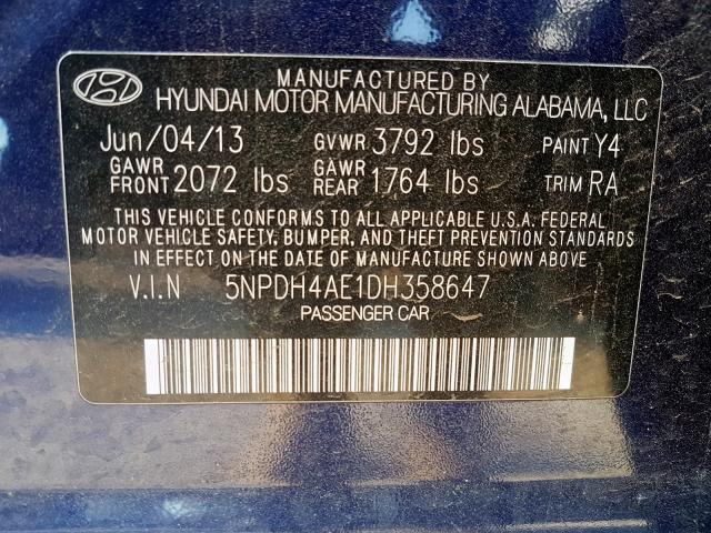 Photo 9 VIN: 5NPDH4AE1DH358647 - HYUNDAI ELANTRA GL 