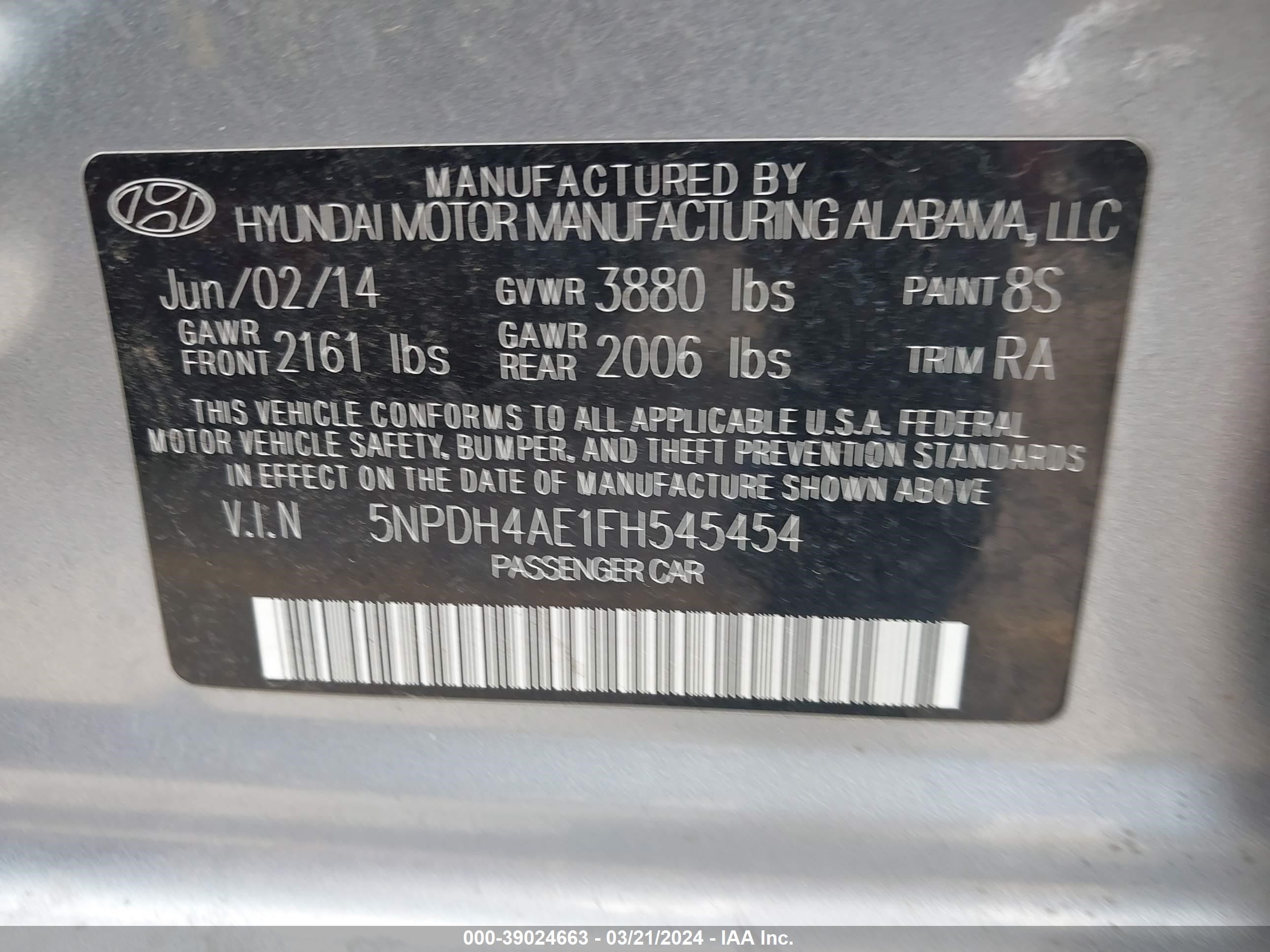 Photo 8 VIN: 5NPDH4AE1FH545454 - HYUNDAI ELANTRA 