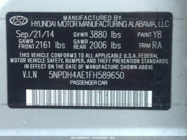 Photo 8 VIN: 5NPDH4AE1FH589650 - HYUNDAI ELANTRA 