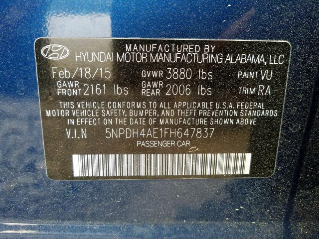 Photo 9 VIN: 5NPDH4AE1FH647837 - HYUNDAI ELANTRA SE 