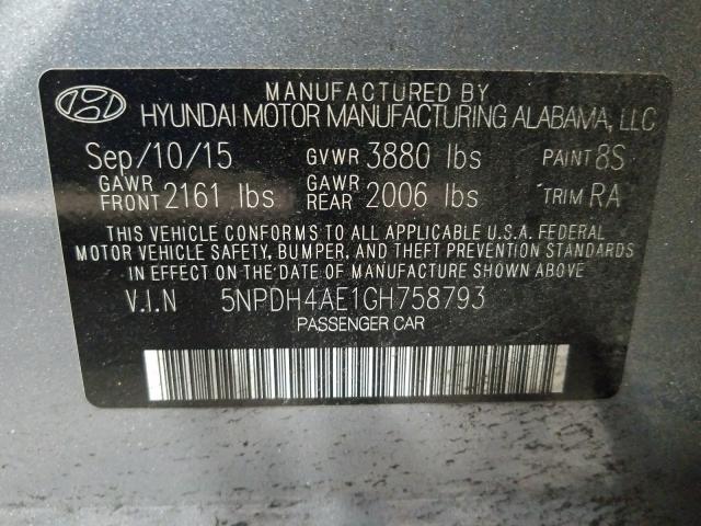 Photo 9 VIN: 5NPDH4AE1GH758793 - HYUNDAI ELANTRA SE 