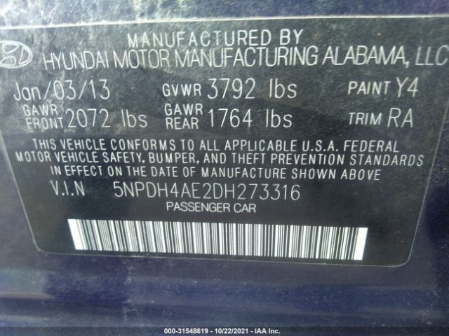 Photo 8 VIN: 5NPDH4AE2DH273316 - HYUNDAI ELANTRA 