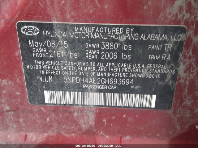 Photo 8 VIN: 5NPDH4AE2GH693694 - HYUNDAI ELANTRA 