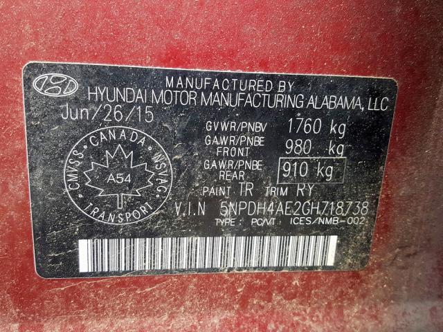 Photo 9 VIN: 5NPDH4AE2GH718738 - HYUNDAI ELANTRA SE 