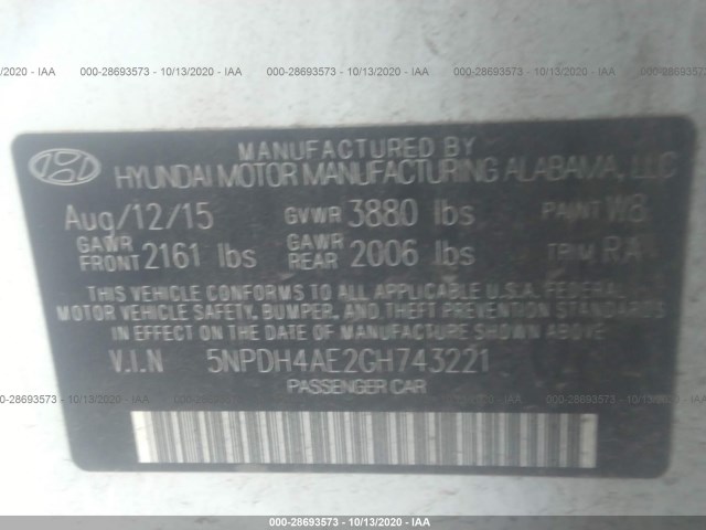 Photo 8 VIN: 5NPDH4AE2GH743221 - HYUNDAI ELANTRA 