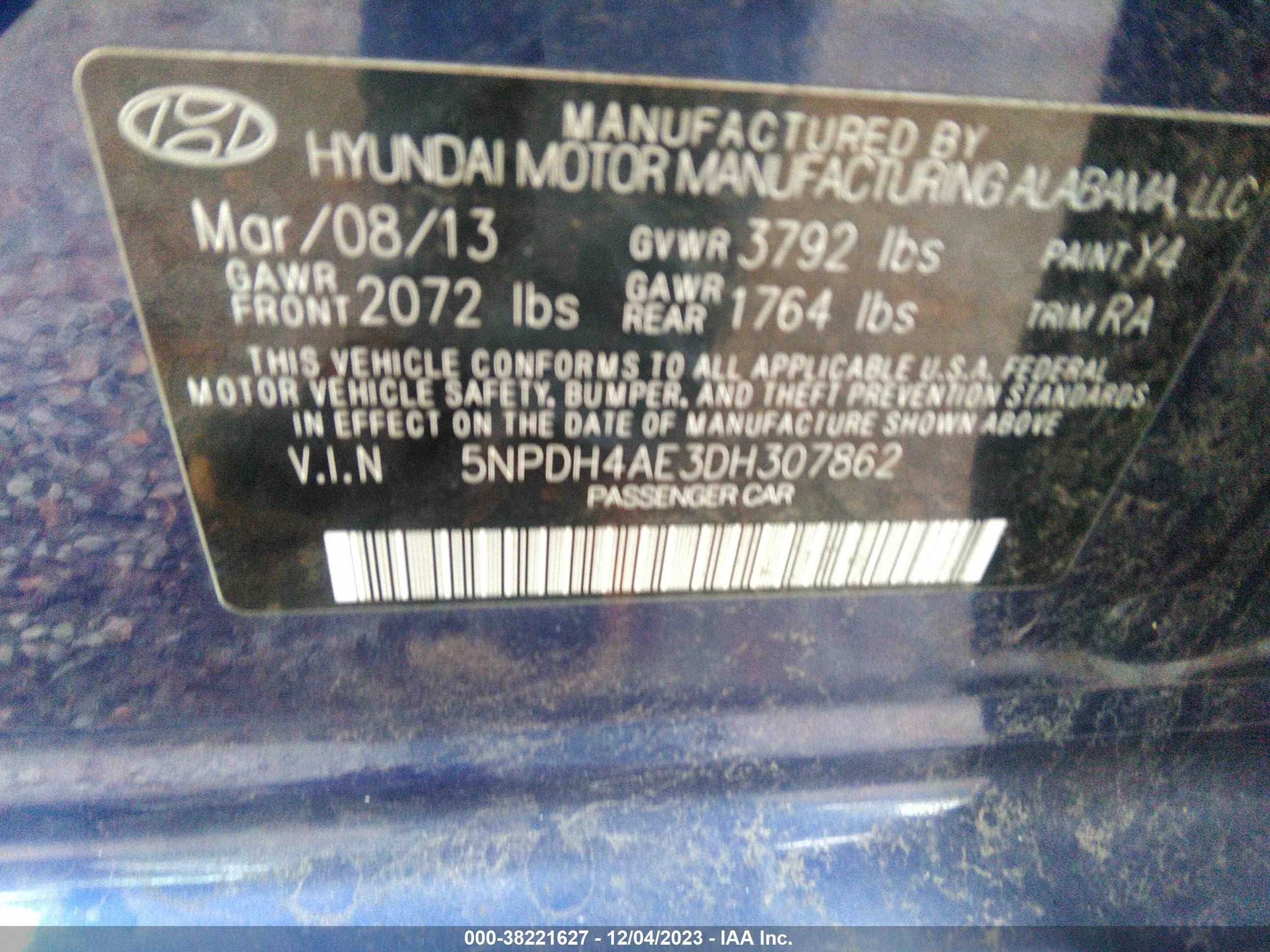 Photo 8 VIN: 5NPDH4AE3DH307862 - HYUNDAI ELANTRA 