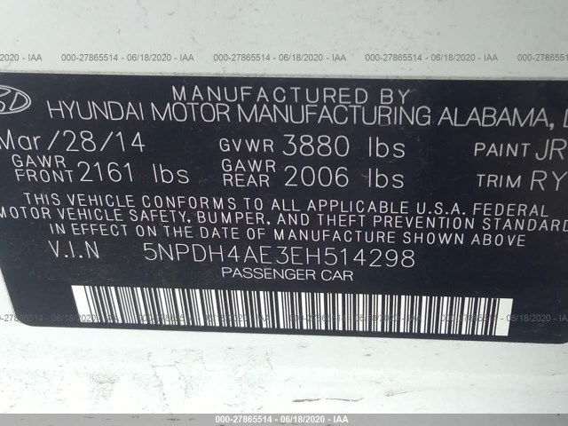 Photo 8 VIN: 5NPDH4AE3EH514298 - HYUNDAI ELANTRA 