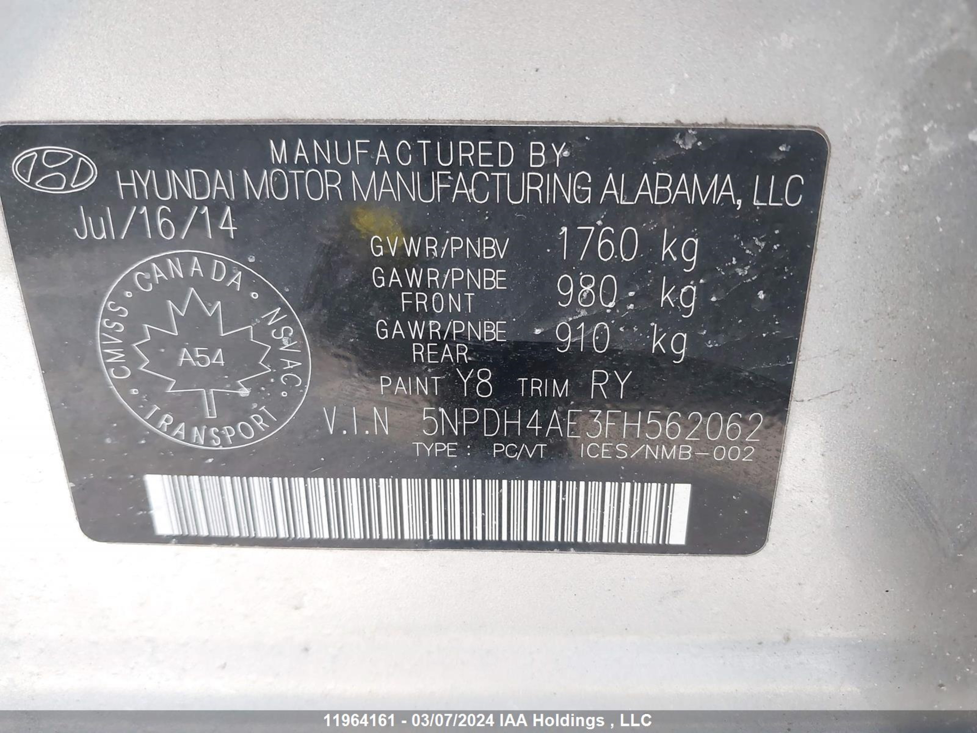 Photo 8 VIN: 5NPDH4AE3FH562062 - HYUNDAI ELANTRA 