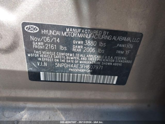 Photo 8 VIN: 5NPDH4AE3FH607971 - HYUNDAI ELANTRA 