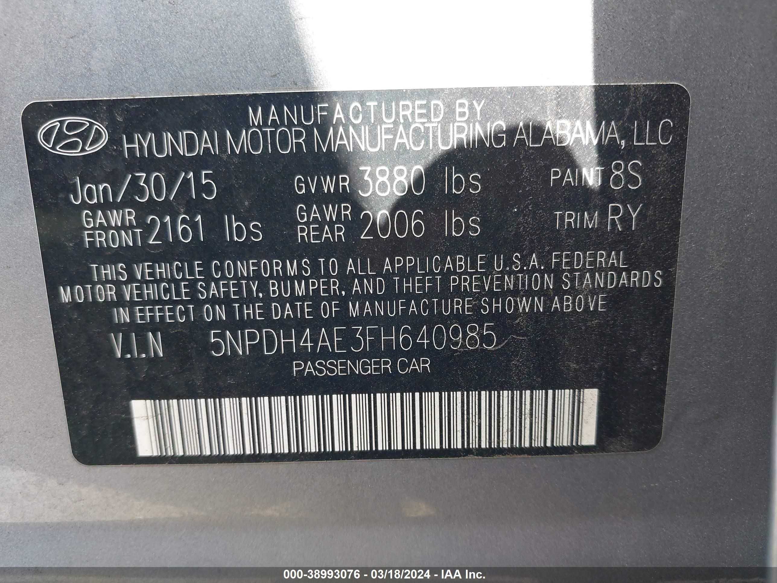 Photo 8 VIN: 5NPDH4AE3FH640985 - HYUNDAI ELANTRA 