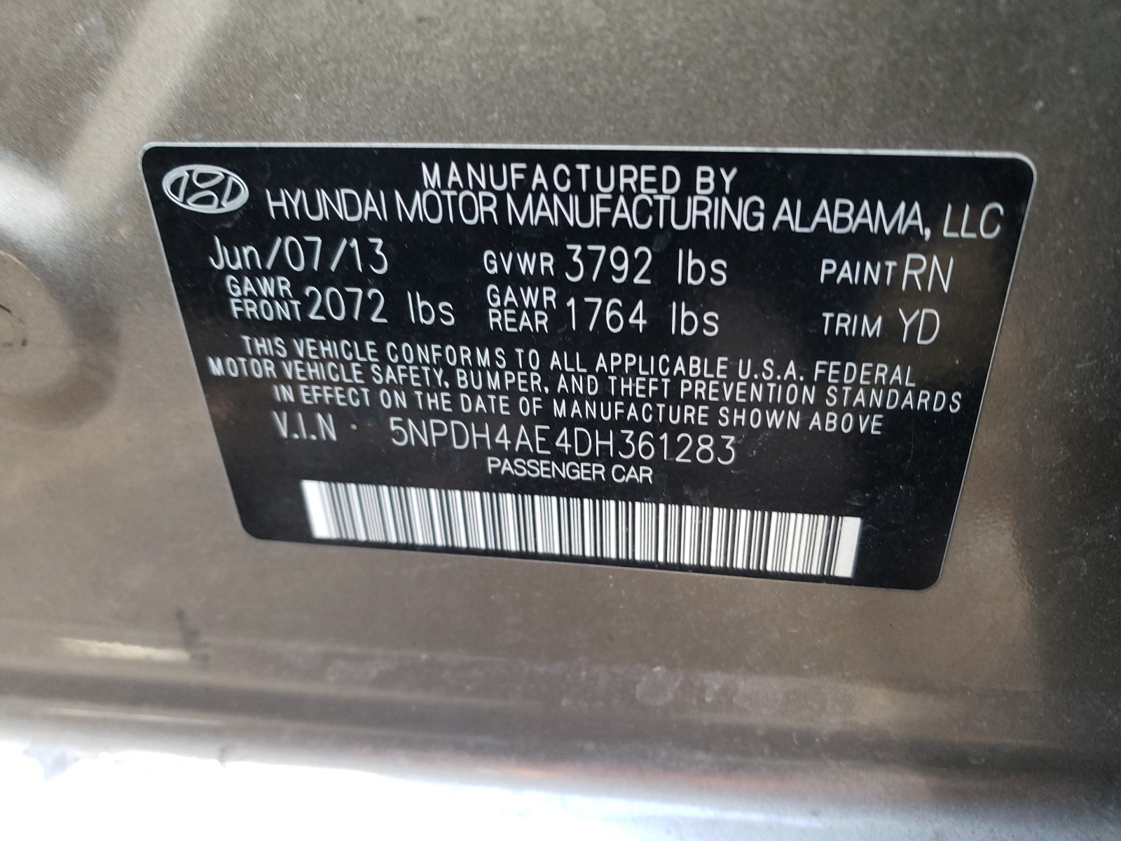 Photo 9 VIN: 5NPDH4AE4DH361283 - HYUNDAI ELANTRA GL 