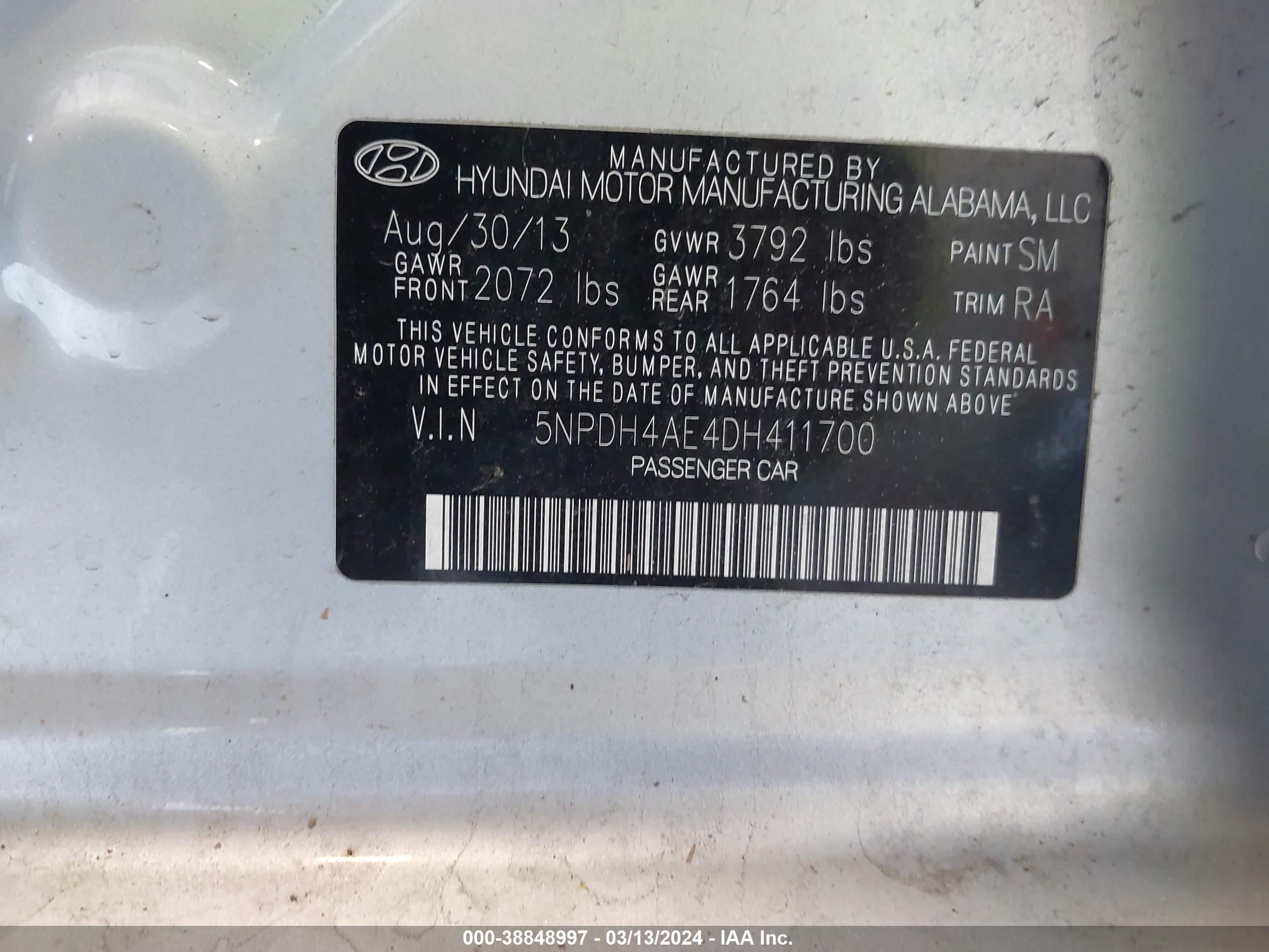 Photo 8 VIN: 5NPDH4AE4DH411700 - HYUNDAI ELANTRA 