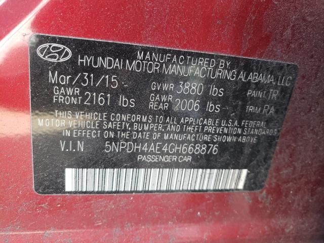 Photo 9 VIN: 5NPDH4AE4GH668876 - HYUNDAI ELANTRA SE 