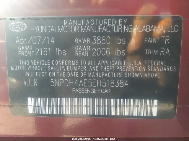 Photo 8 VIN: 5NPDH4AE5EH518384 - HYUNDAI ELANTRA 