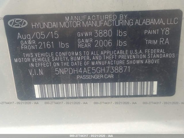 Photo 8 VIN: 5NPDH4AE5GH738871 - HYUNDAI ELANTRA SE 