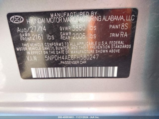 Photo 8 VIN: 5NPDH4AE6FH580247 - HYUNDAI ELANTRA 