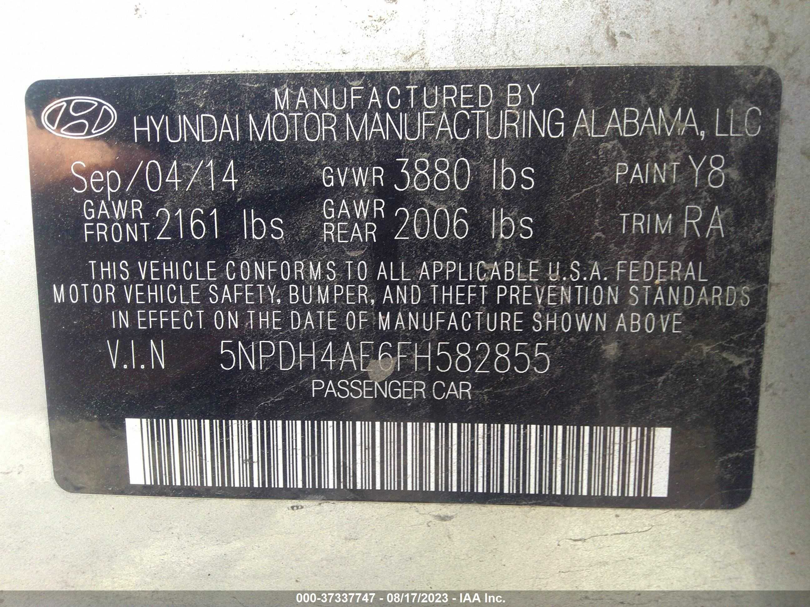 Photo 8 VIN: 5NPDH4AE6FH582855 - HYUNDAI ELANTRA 