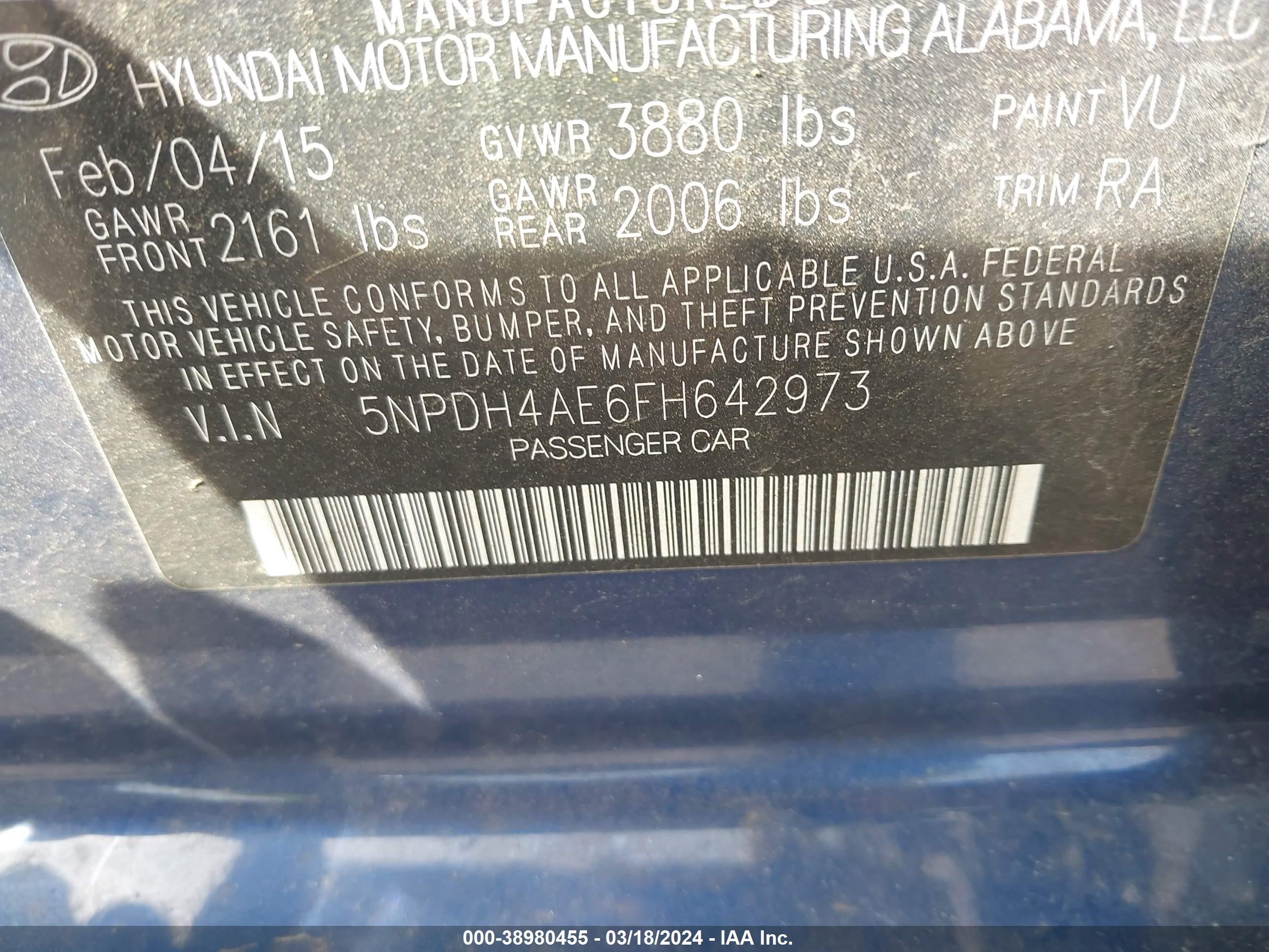 Photo 8 VIN: 5NPDH4AE6FH642973 - HYUNDAI ELANTRA 