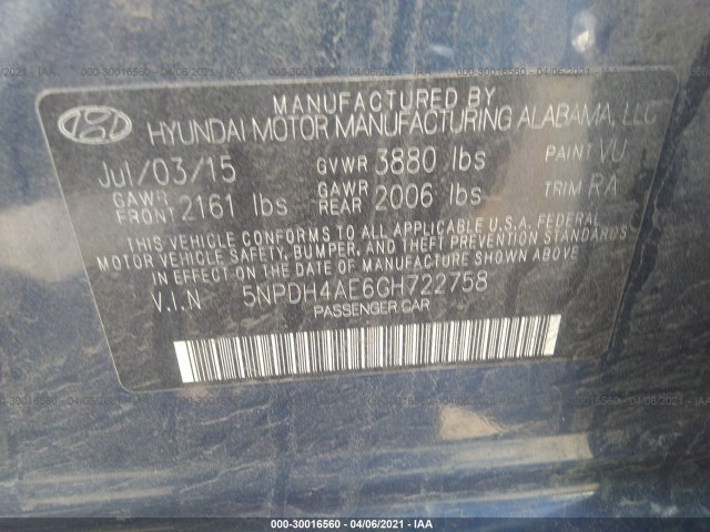 Photo 8 VIN: 5NPDH4AE6GH722758 - HYUNDAI ELANTRA 