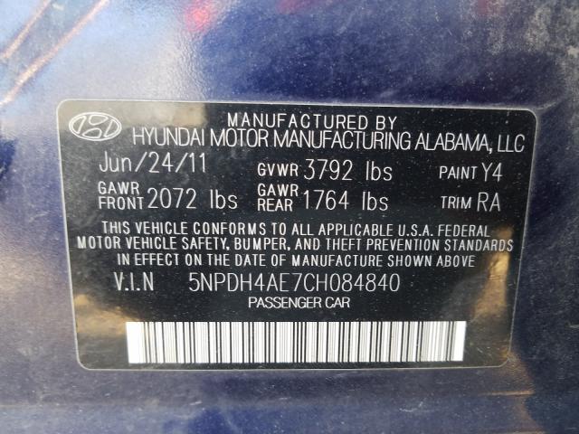 Photo 9 VIN: 5NPDH4AE7CH084840 - HYUNDAI ELANTRA GL 