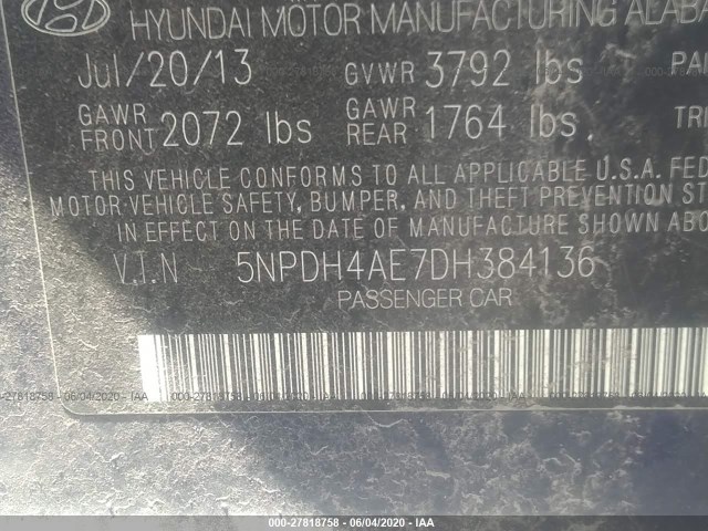 Photo 8 VIN: 5NPDH4AE7DH384136 - HYUNDAI ELANTRA 