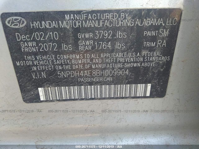 Photo 8 VIN: 5NPDH4AE8BH009904 - HYUNDAI ELANTRA 