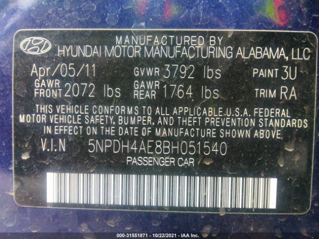 Photo 8 VIN: 5NPDH4AE8BH051540 - HYUNDAI ELANTRA 