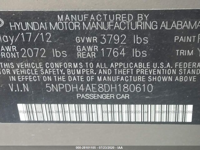 Photo 8 VIN: 5NPDH4AE8DH180610 - HYUNDAI ELANTRA 