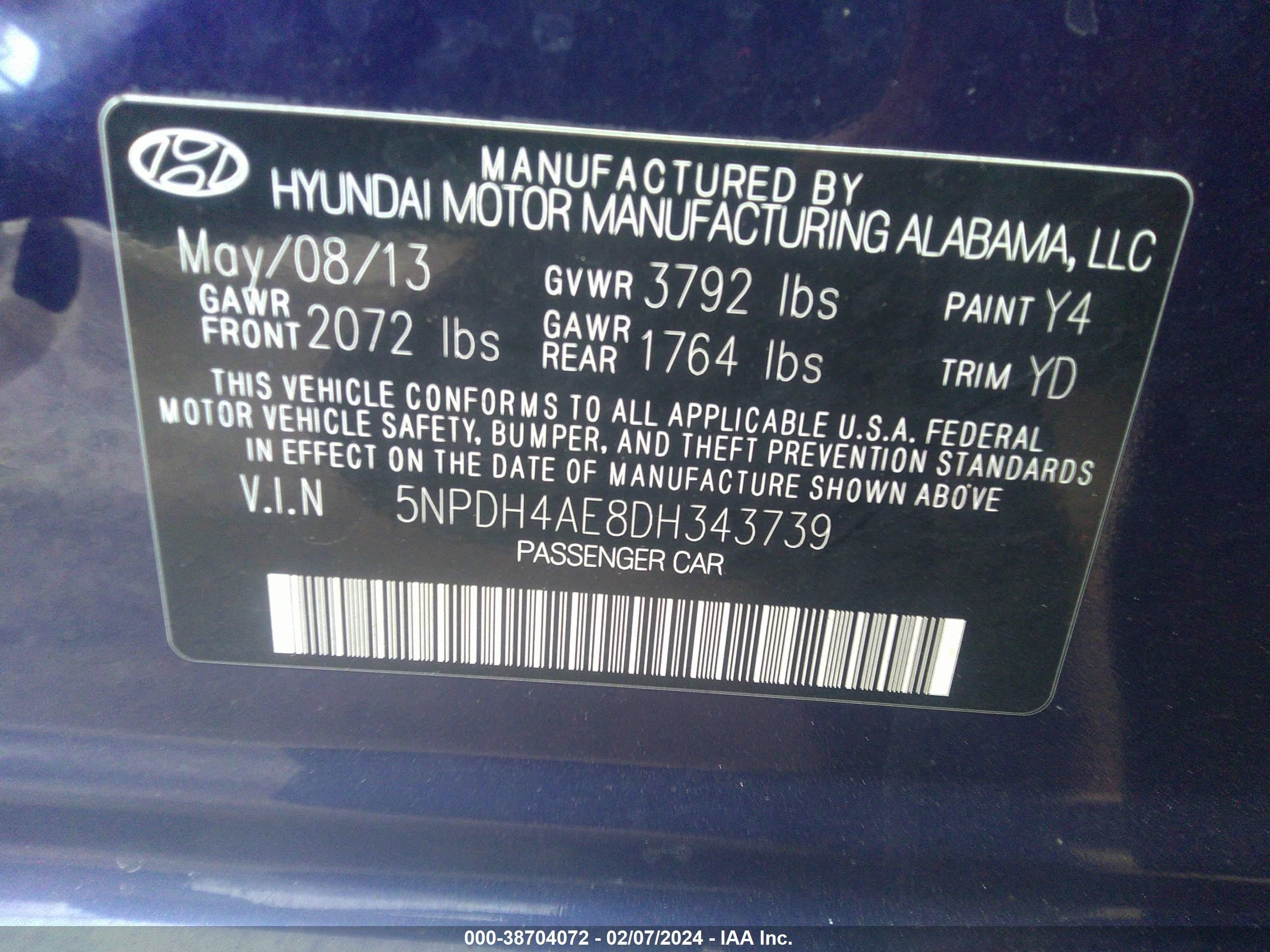 Photo 8 VIN: 5NPDH4AE8DH343739 - HYUNDAI ELANTRA 