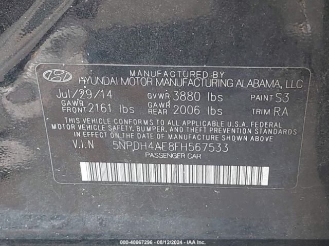 Photo 8 VIN: 5NPDH4AE8FH567533 - HYUNDAI ELANTRA 