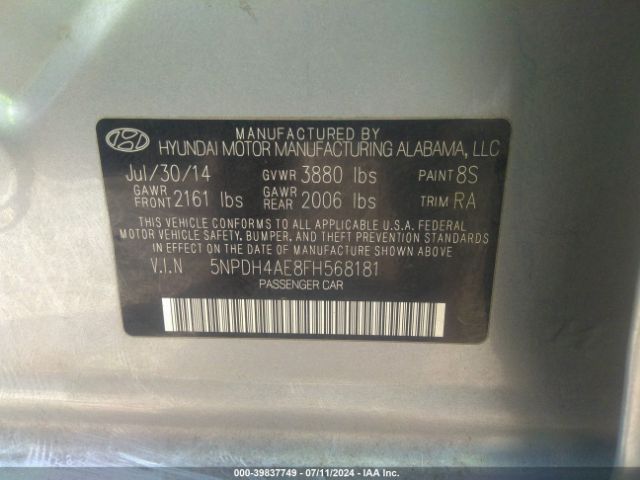 Photo 8 VIN: 5NPDH4AE8FH568181 - HYUNDAI ELANTRA 