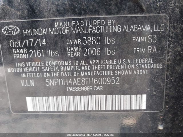 Photo 8 VIN: 5NPDH4AE8FH600952 - HYUNDAI ELANTRA 