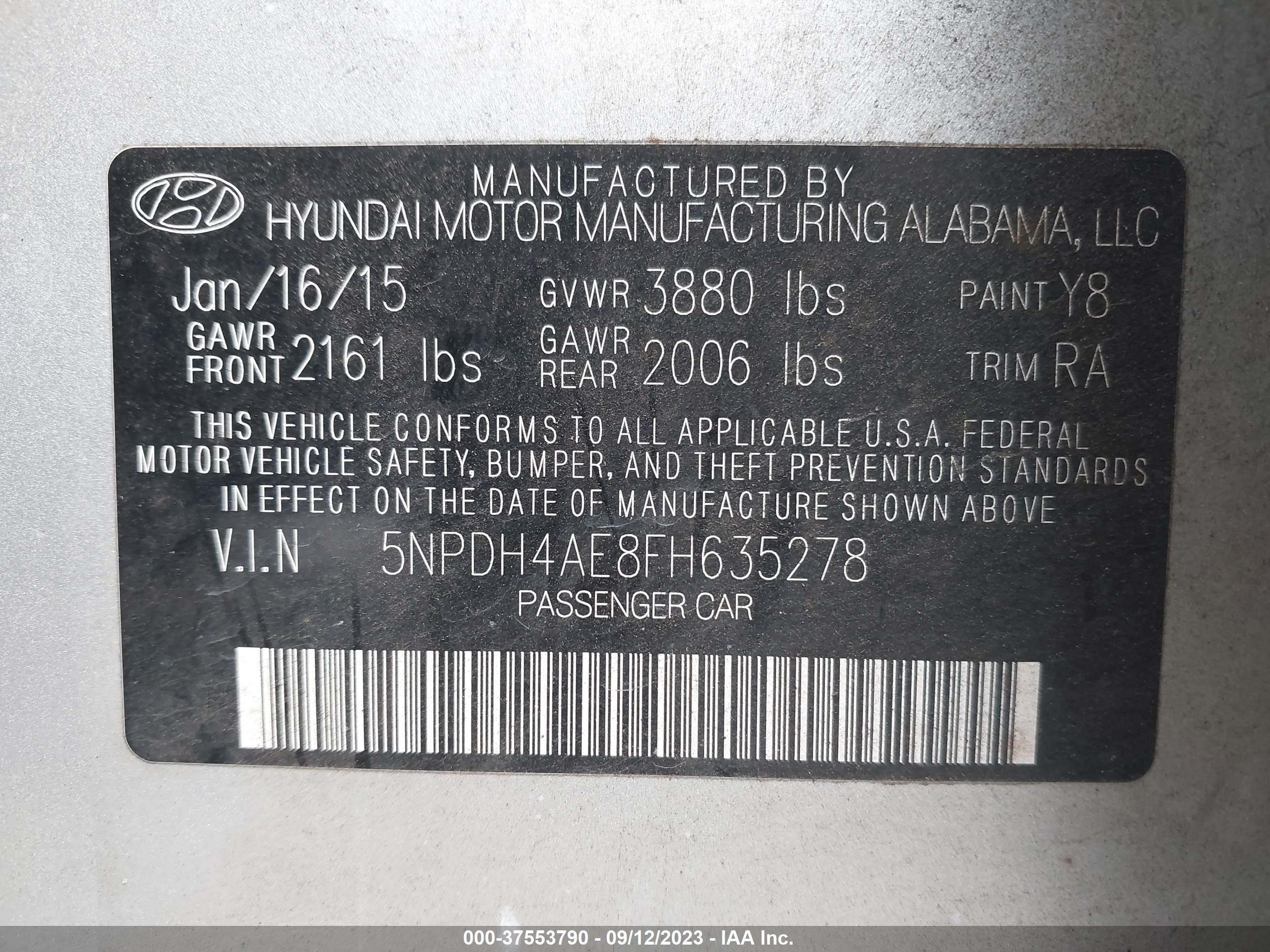 Photo 8 VIN: 5NPDH4AE8FH635278 - HYUNDAI ELANTRA 